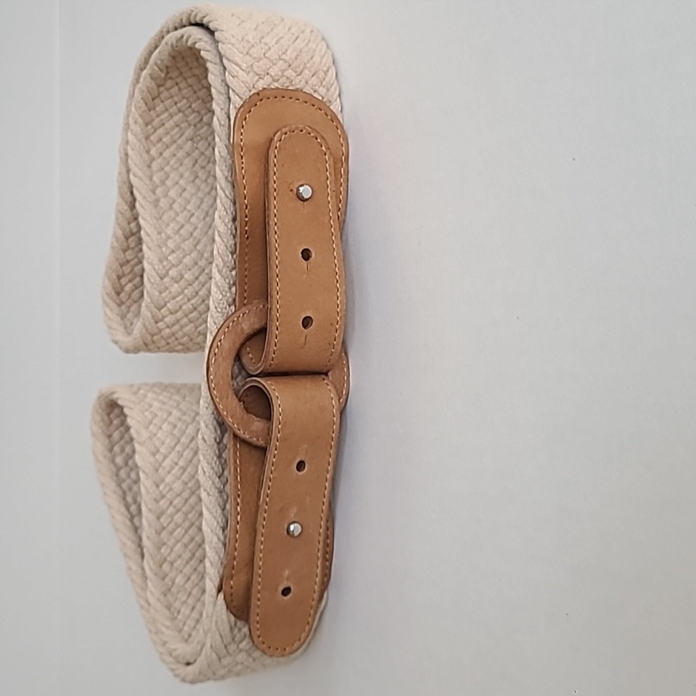 LANDS END Women's Woven Fabric Leather Belt Beige Sz XL Leather Buckle 2”